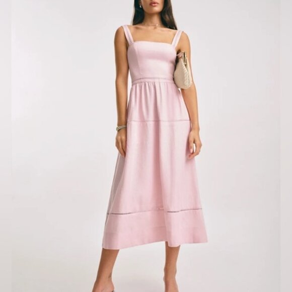 NEW Reformation Everett Linen Midi Dress Cherry Blossom Light Pink | US 0 UK 4 - Picture 13 of 14